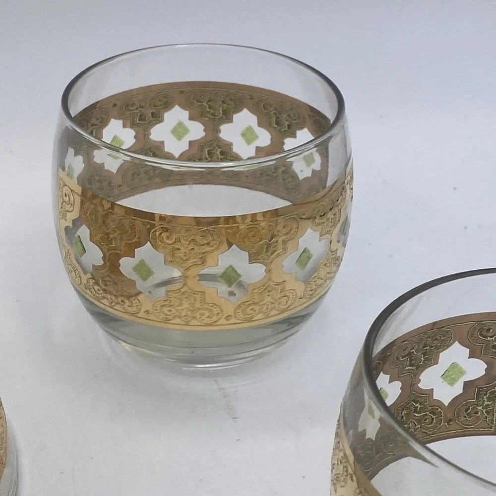 VTG Culver Green 22K Gold VALENCIA Ice bowl & Roly Poly Glasses BAR SET MCM
